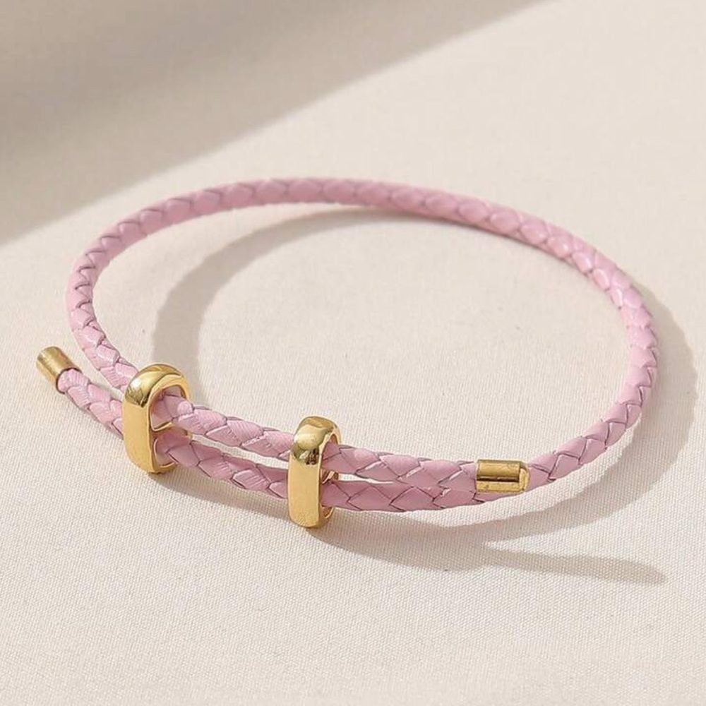 Pink Braided Gold Adjustable Bracelet (Vegan Leather)